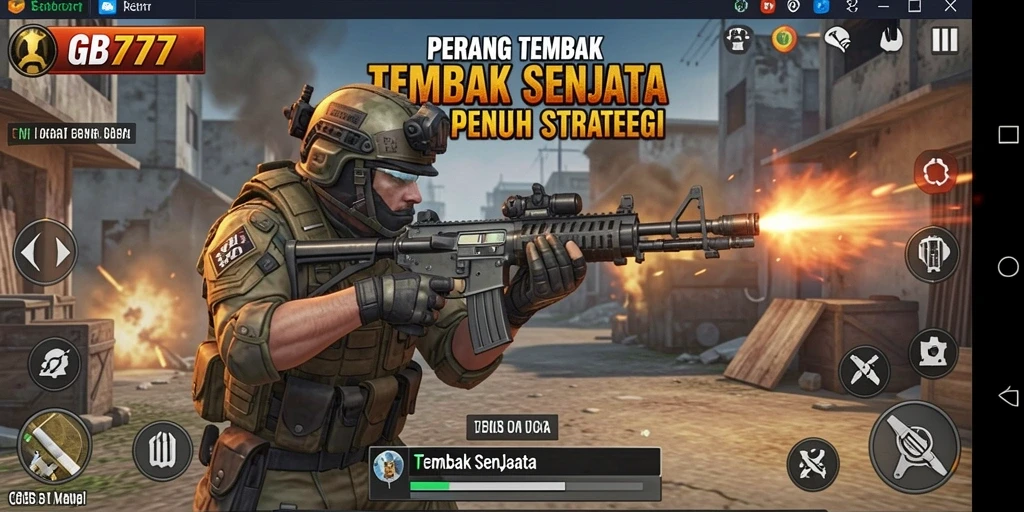 Antarmuka permainan GB777 yang menampilkan aksi Tembak Senjata yang mendebarkan.