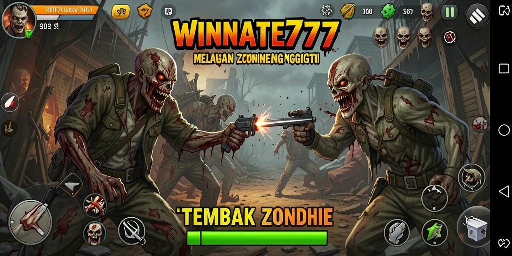 Tampilan antarmuka <strong>WINRATE777</strong> dengan aksi seru tembak zombie.